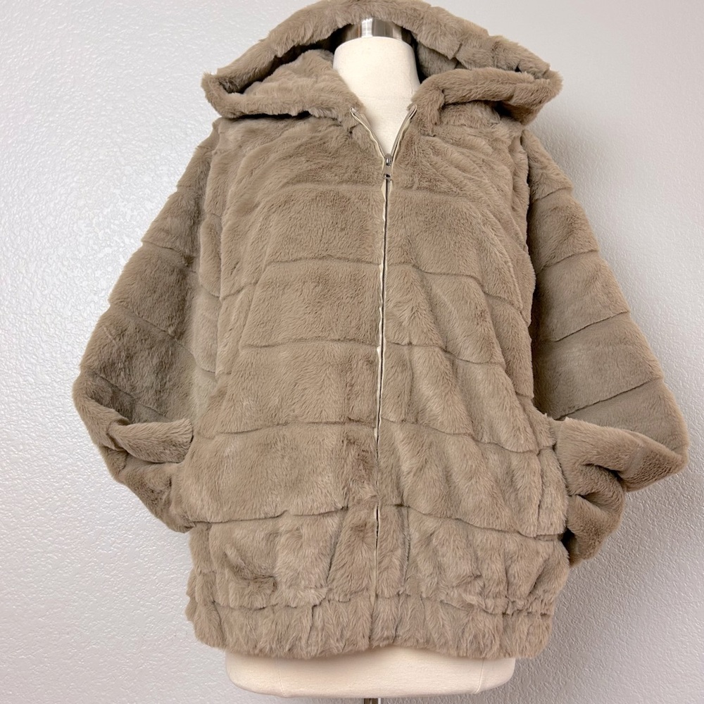 Teddy Jacket Coat Taupe Faux Fur Hooded Plush Full Zip Satin Lined Size L/XL